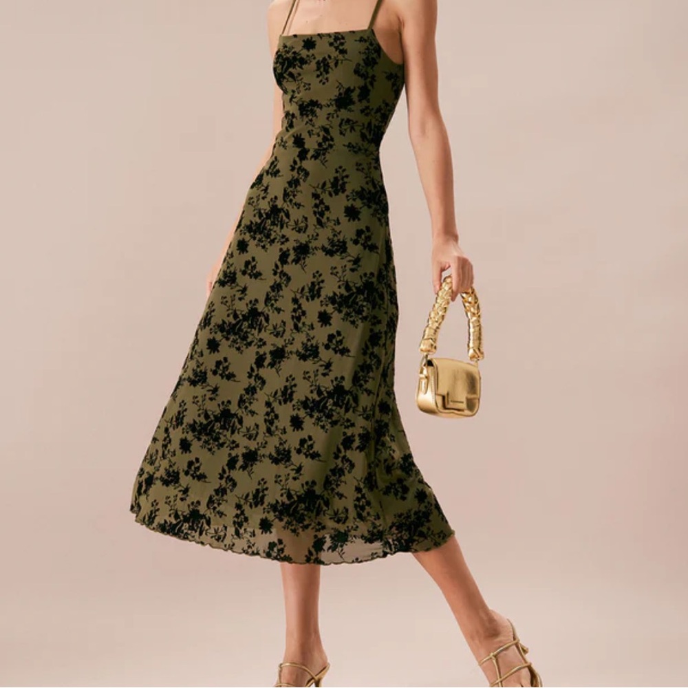RIHAOS Green Floral Burnout A-line Slip Midi Dress